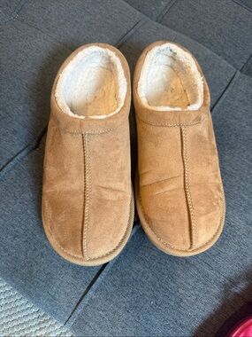 Target Kids Tan Suede-Look Slip-On Slippers with Cream Fleece Lining